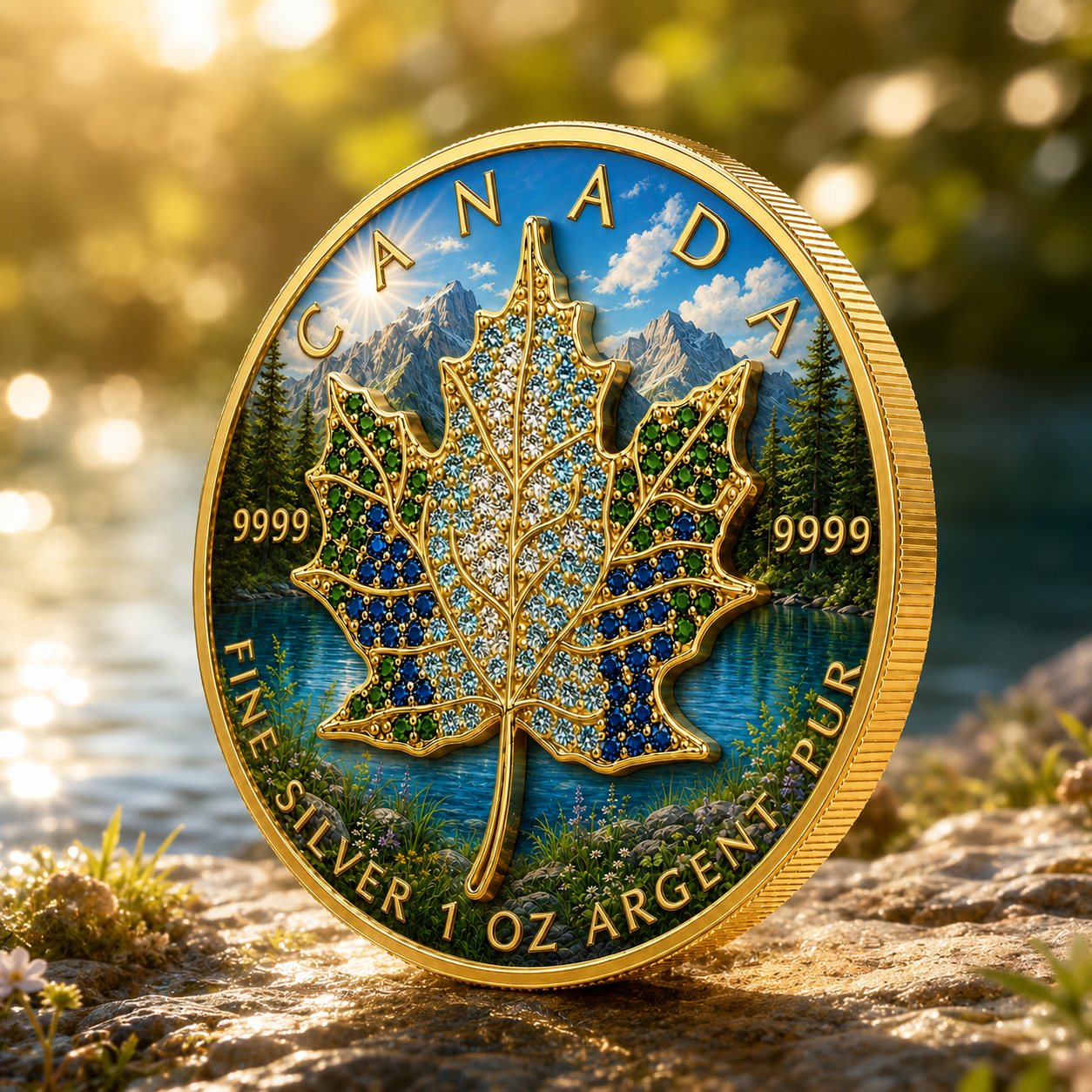 Summer Maple Leaf coin with a gem-set golden maple by water