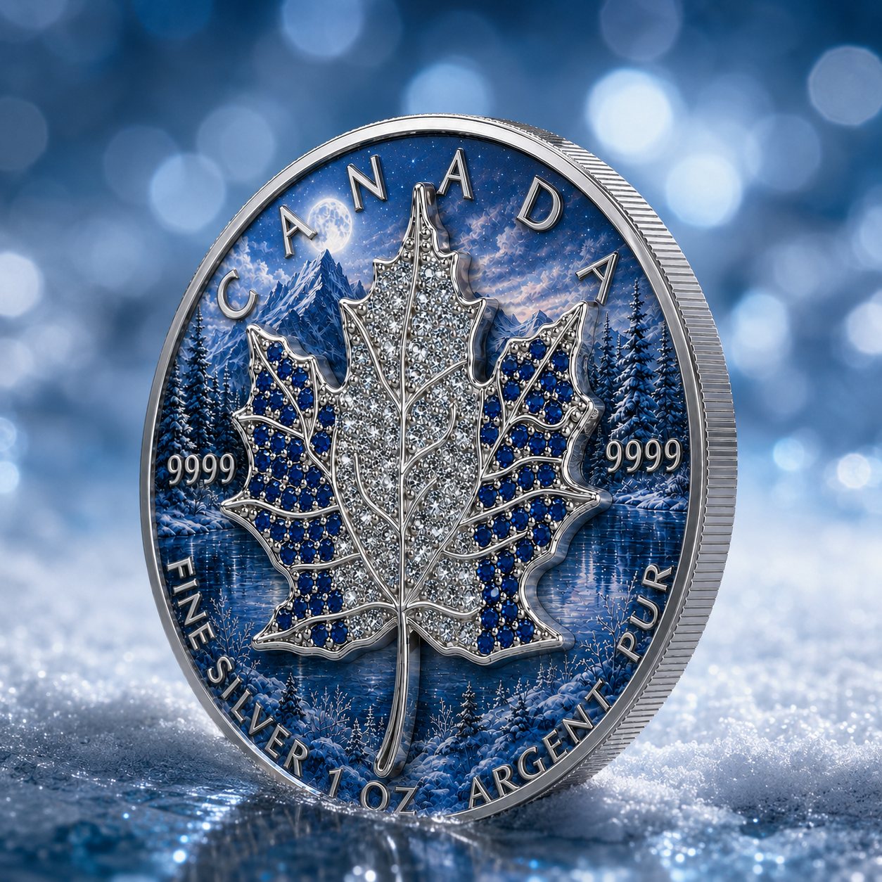 Winter Maple Leaf coin with a gem-set white maple against frost
